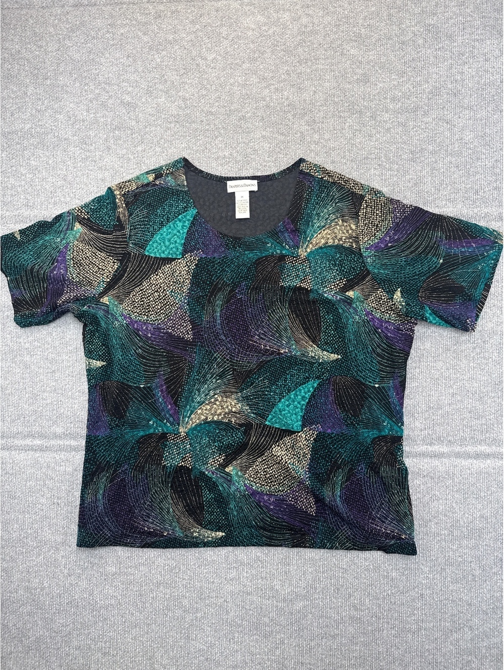 Draper's & Damon's Women's Short Sleeve Top Teal Purple Black Abstract Print